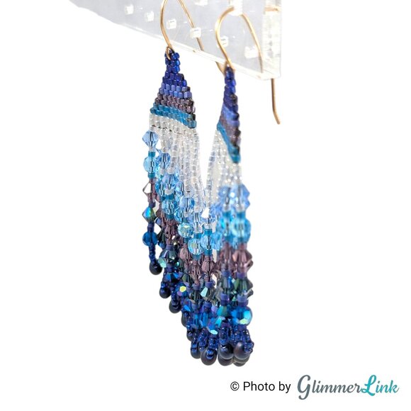 Beaded Fringe Ombre Blue Purple Boho Festival Seed Bead Statement Earrings - Picture 3 of 10